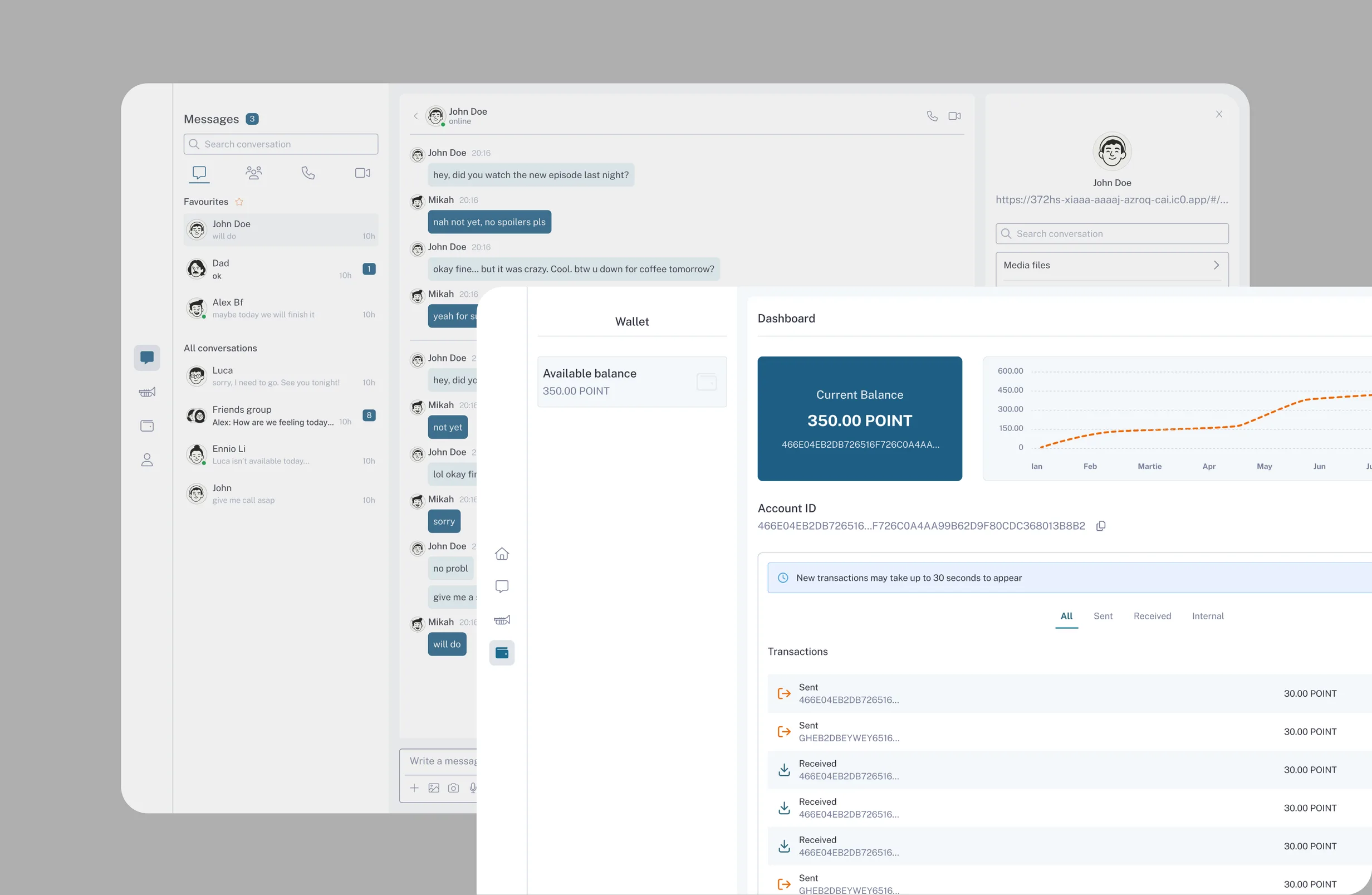Dappster team chat interface with threads and on-chain identities